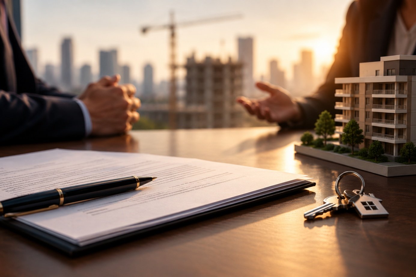 Incorporadora e adquirente negociam contrato diante da maquete de um edifício