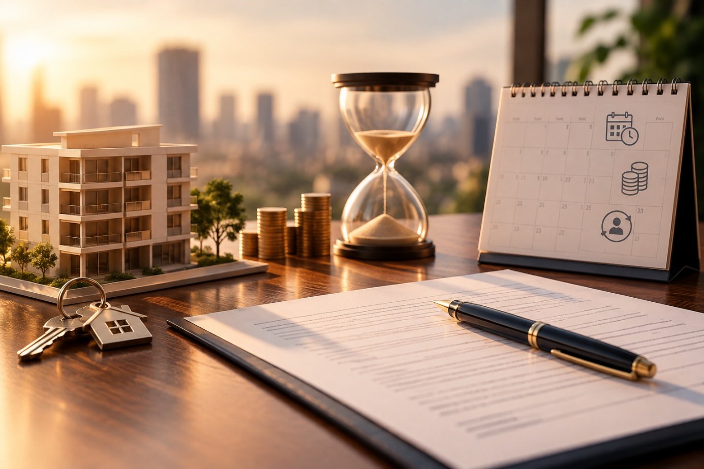 Ampulheta, calendário e contrato ao lado da maquete de um edifício