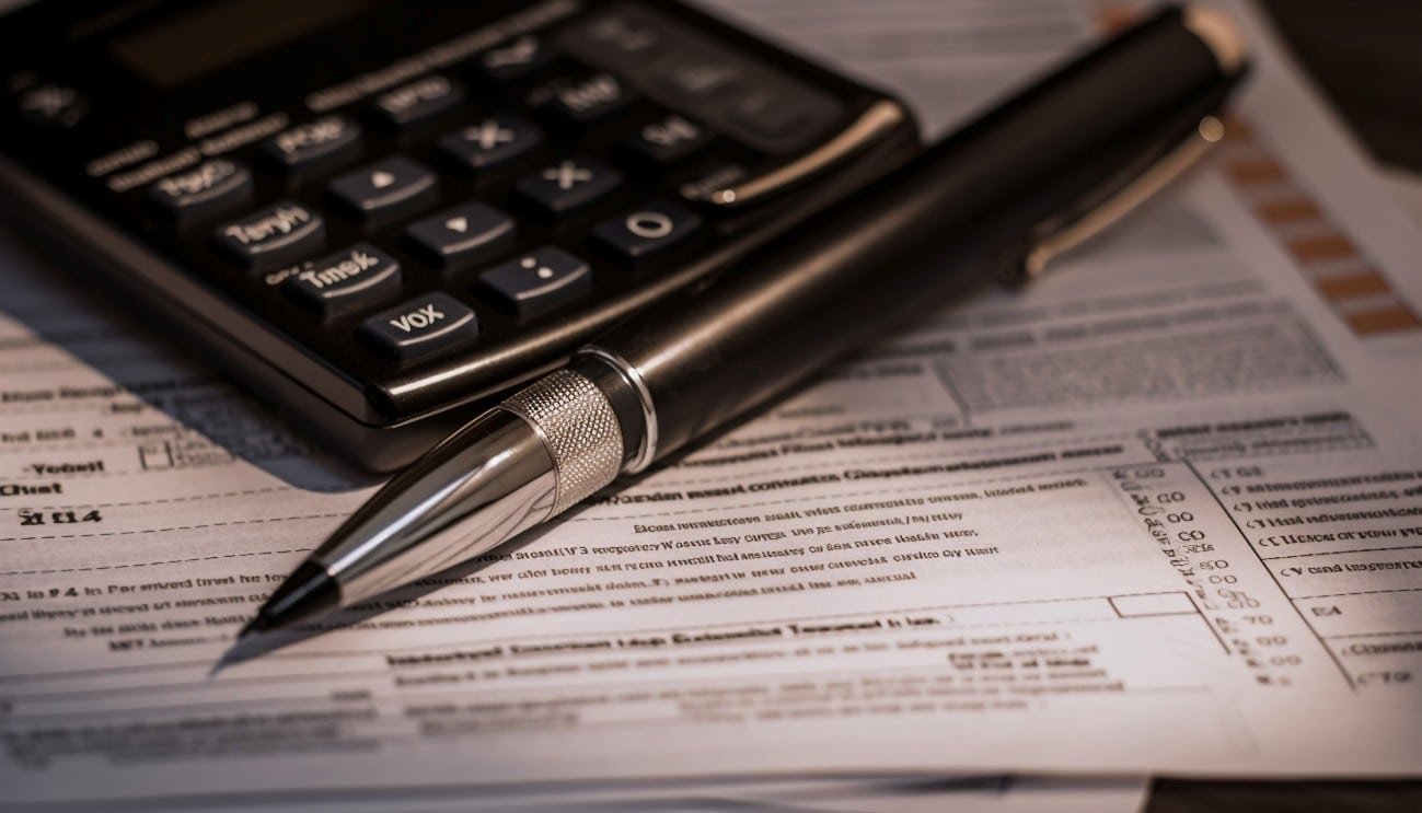 Calculadora e caneta sobre formulários de declaração de imposto