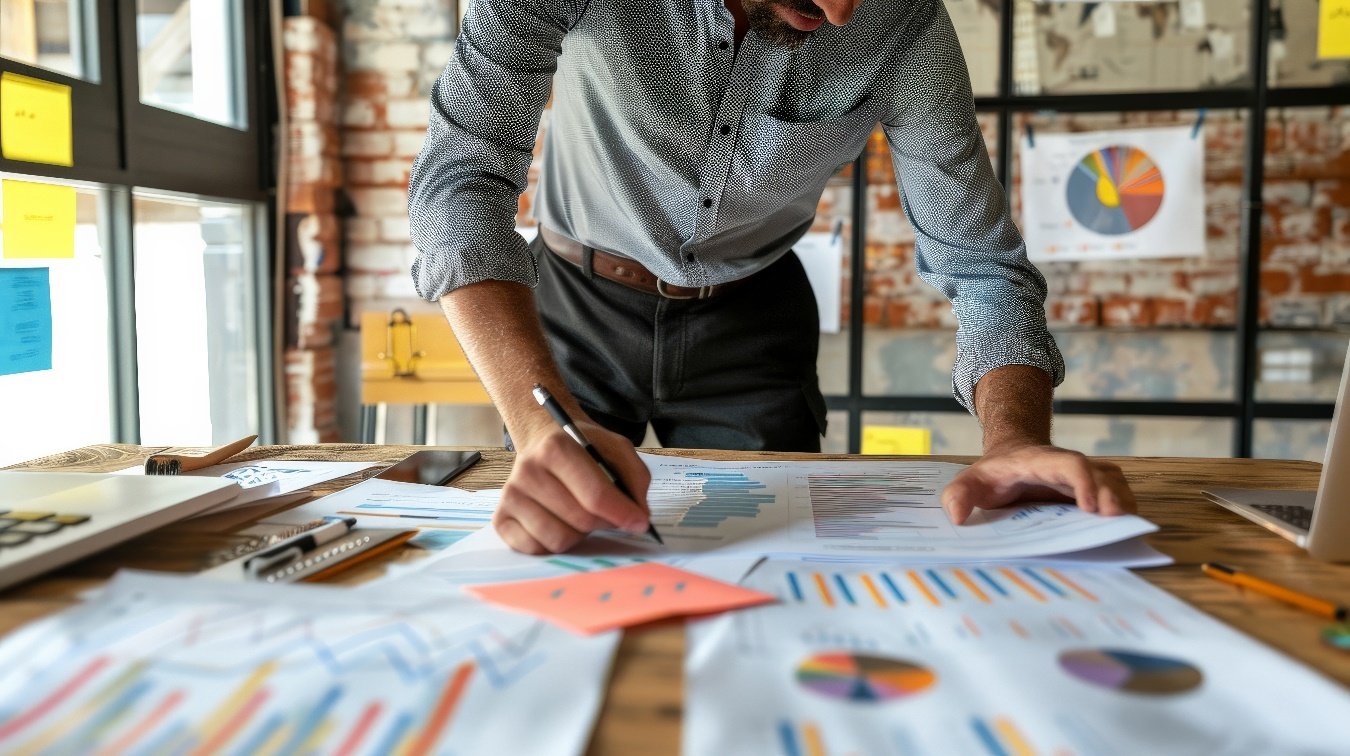 Empresário revisa relatórios e gráficos de governança do patrimônio familiar