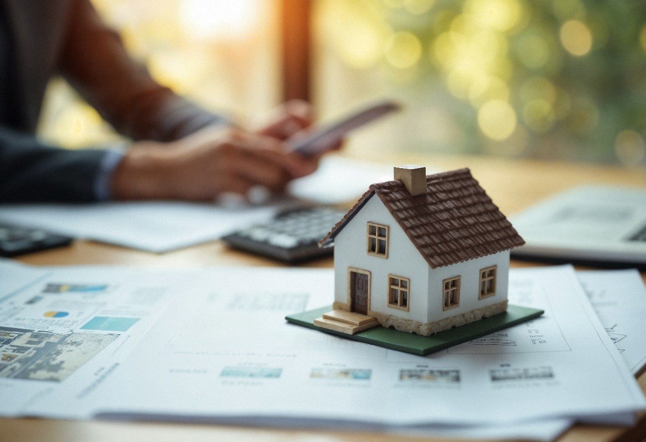 Miniatura de casa sobre documentos e planilhas de análise imobiliária