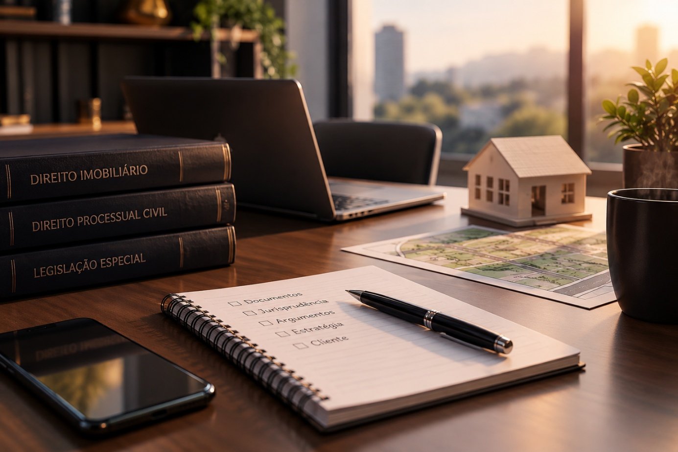 Livros de direito imobiliário, caderno com checklist e maquete de casa na mesa