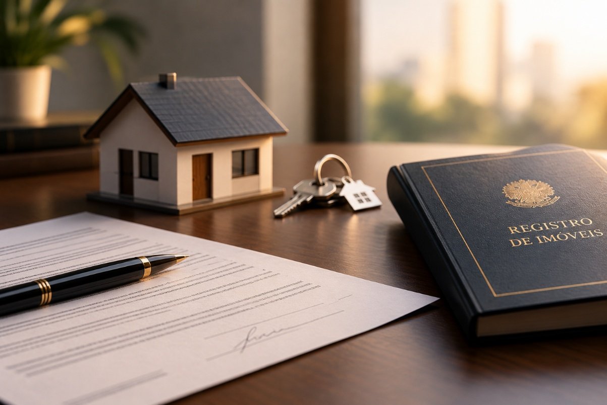 Contrato assinado e livro de Registro de Imóveis ao lado da miniatura de uma casa